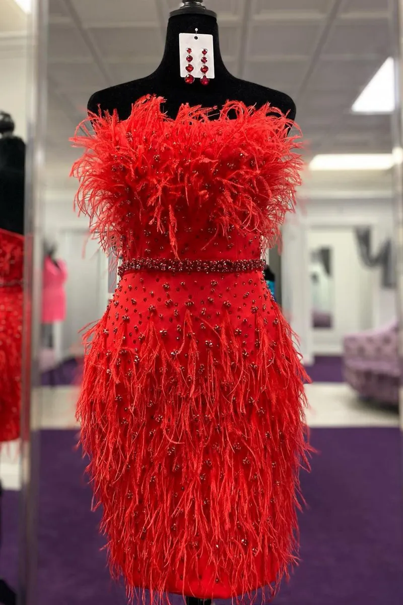Sheath Strapless Feathers Short Homecoming Dresses with Beaded Belt