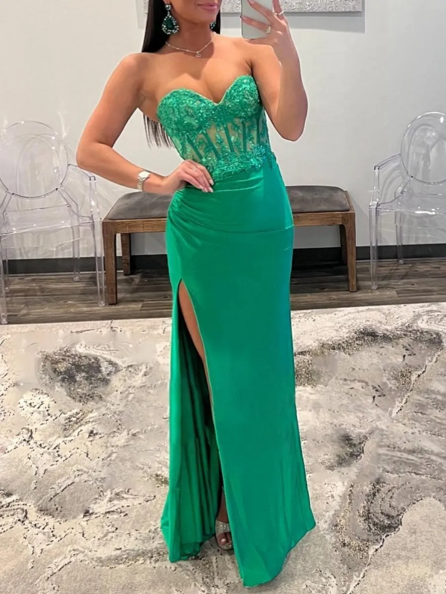 Sheath Strapless Sweetheart Long Prom Dresses with Slit