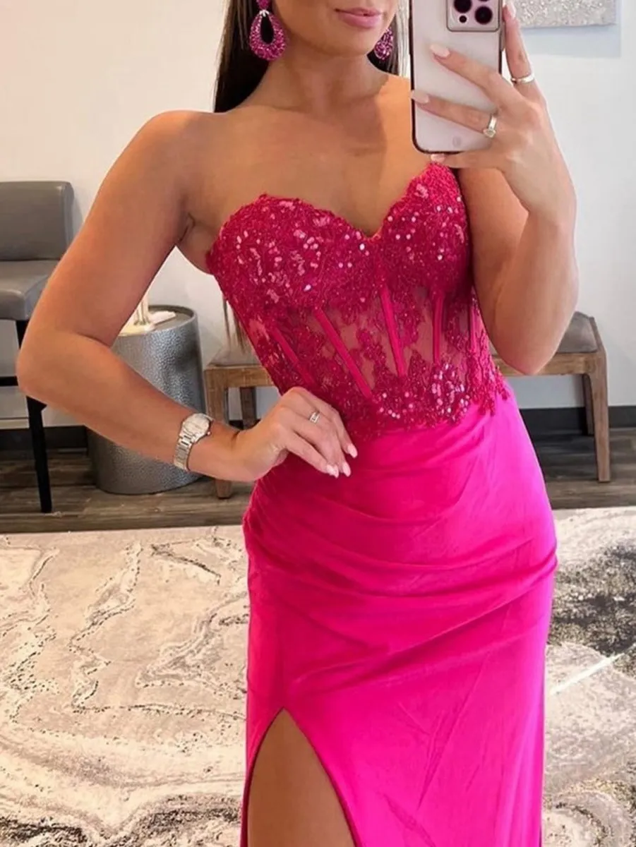 Sheath Strapless Sweetheart Long Prom Dresses with Slit