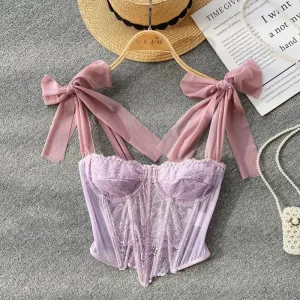 Sheer Lace Corset Top with Elegant Ribbon Ties