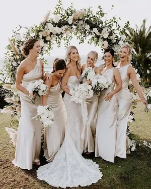 Simple One Shoulder Elastic Satin Bridesmaid Dresses Sheath Wedding Party Gowns Floor Length