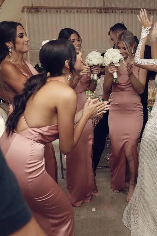 Simple Sheath Pink Sleeveless Long Bridesmaid Dresses With Side Split, MBD149