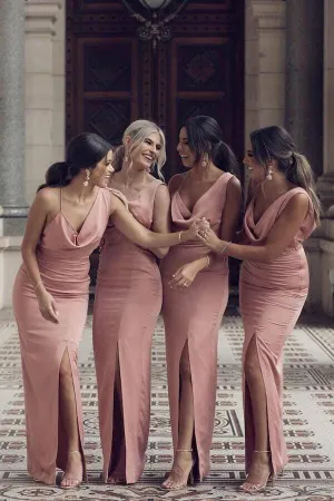 Simple Sheath Pink Sleeveless Long Bridesmaid Dresses With Side Split, MBD149