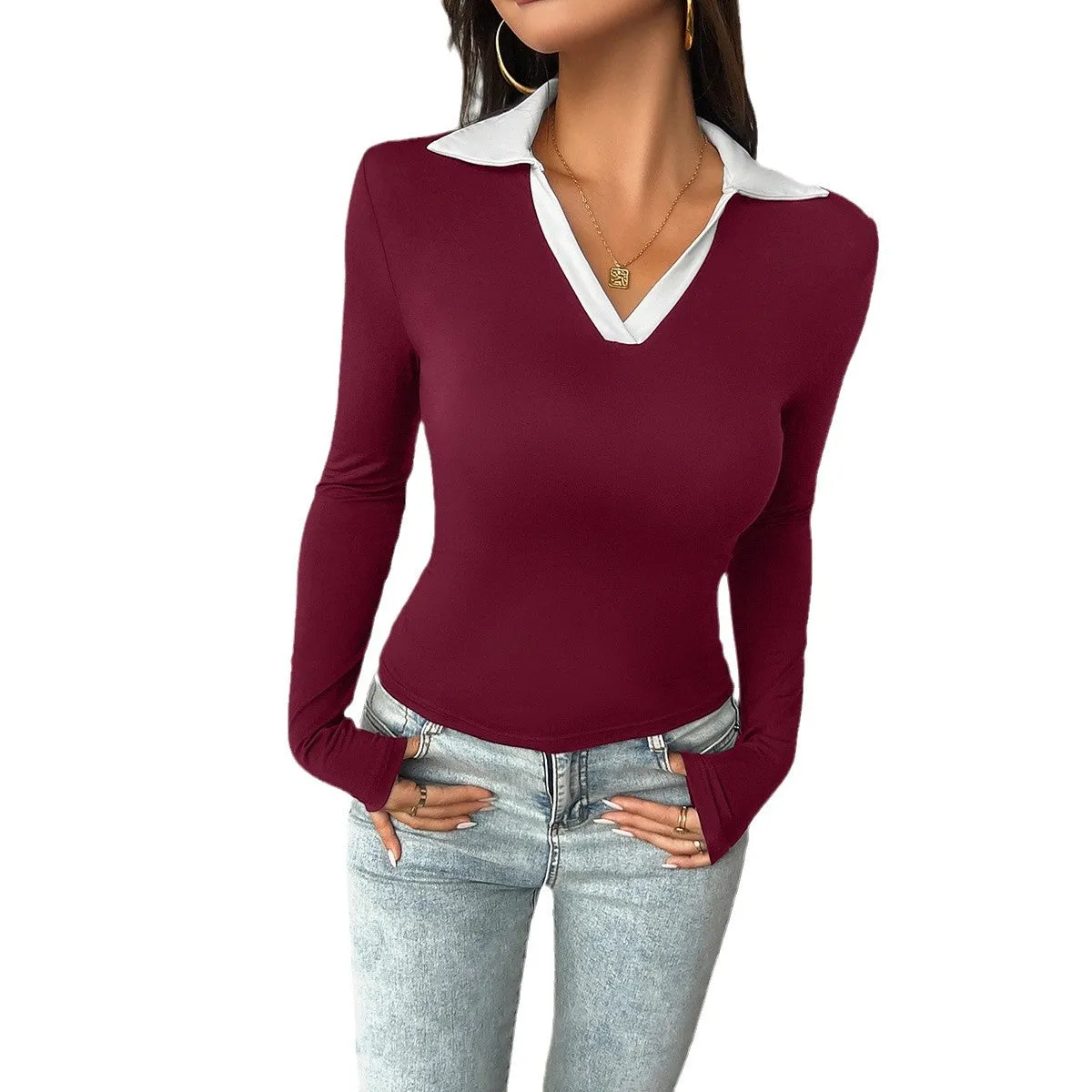 Slim Fit Buttonless Polo Neck Knit Tops Wholesale Womens Clothing N3824110900013