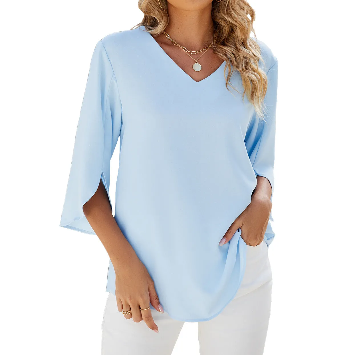 Solid Color V-Neck Mid-Sleeve Loose Chiffon Shirts Wholesale Womens Clothing N3824052000086
