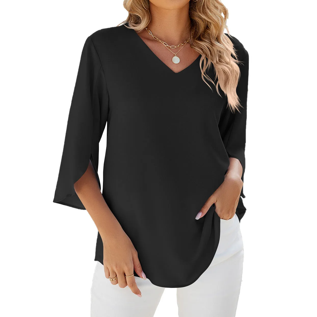 Solid Color V-Neck Mid-Sleeve Loose Chiffon Shirts Wholesale Womens Clothing N3824052000086