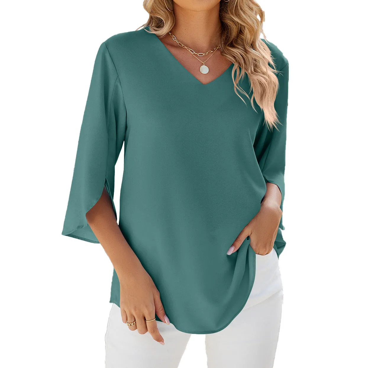 Solid Color V-Neck Mid-Sleeve Loose Chiffon Shirts Wholesale Womens Clothing N3824052000086