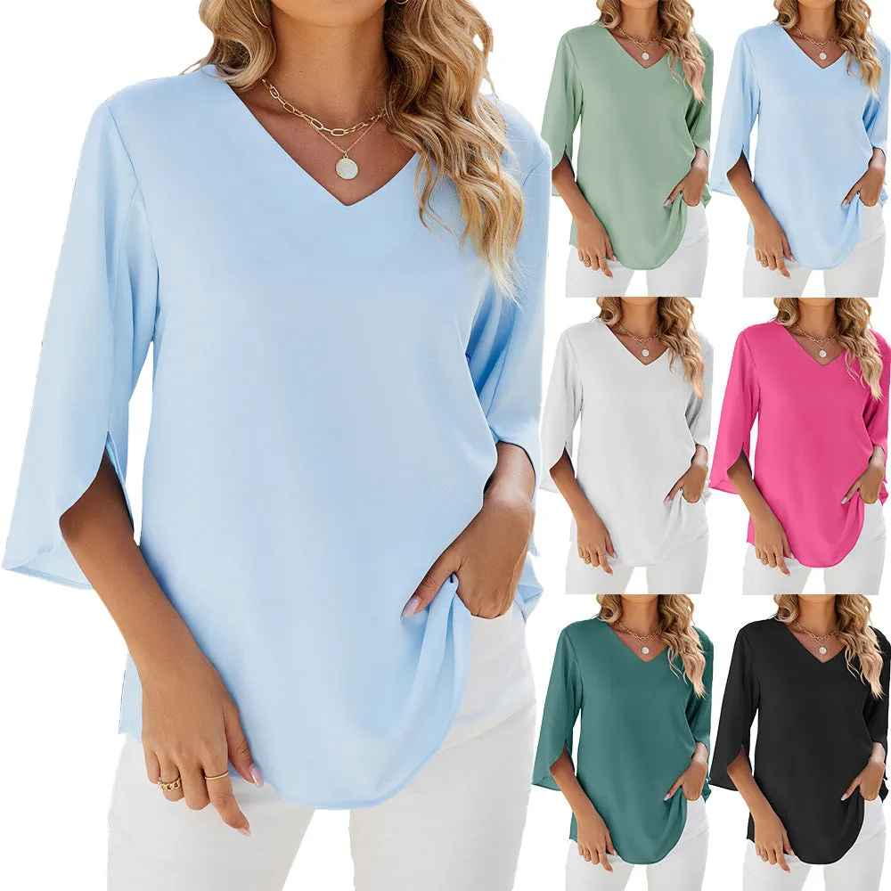 Solid Color V-Neck Mid-Sleeve Loose Chiffon Shirts Wholesale Womens Clothing N3824052000086
