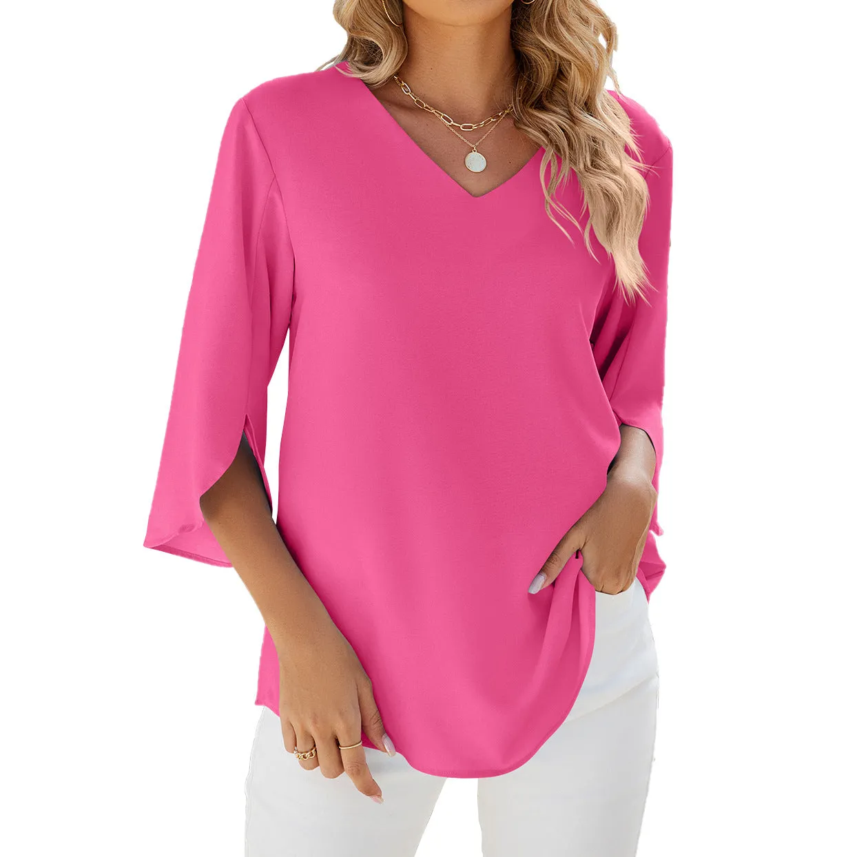 Solid Color V-Neck Mid-Sleeve Loose Chiffon Shirts Wholesale Womens Clothing N3824052000086