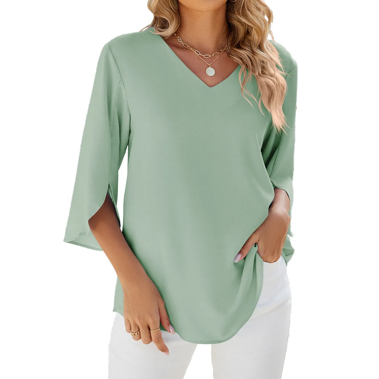 Solid Color V-Neck Mid-Sleeve Loose Chiffon Shirts Wholesale Womens Clothing N3824052000086