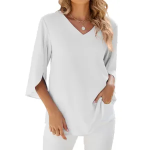 Solid Color V-Neck Mid-Sleeve Loose Chiffon Shirts Wholesale Womens Clothing N3824052000086