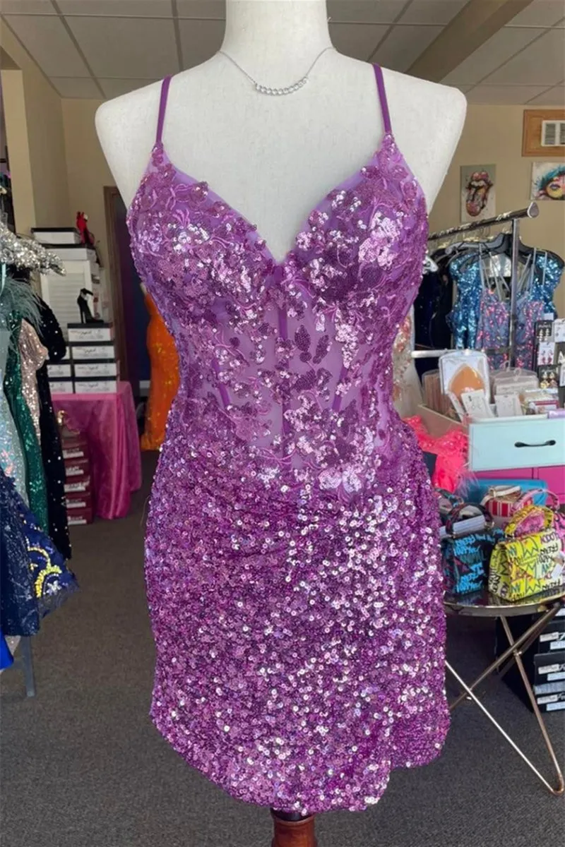 Sparkle Appliques Sequin Bodycon Homecoming Lace-up Dresses