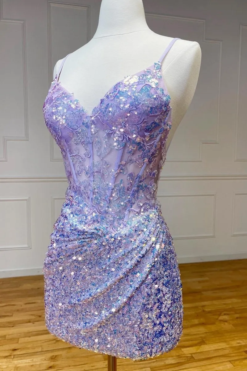 Sparkle Appliques Sequin Bodycon Homecoming Lace-up Dresses