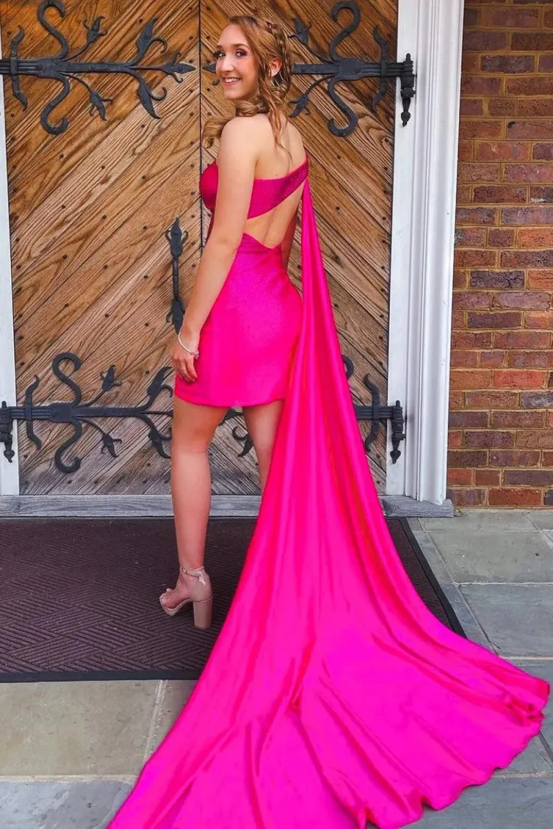 Sparkly Satin One Shoulder Train Tight Homecoming Dresses