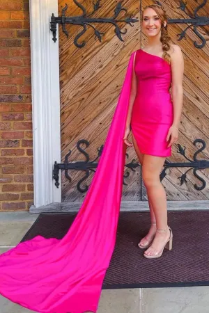 Sparkly Satin One Shoulder Train Tight Homecoming Dresses