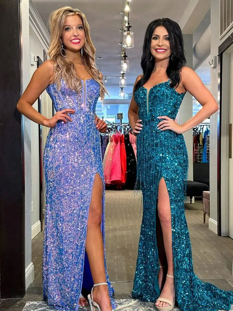 Sparkly Sheath V Neck Sequins Long Prom Dresses with Split