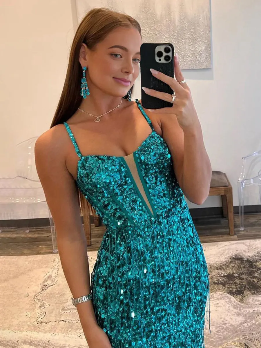 Sparkly Sheath V Neck Sequins Long Prom Dresses with Split