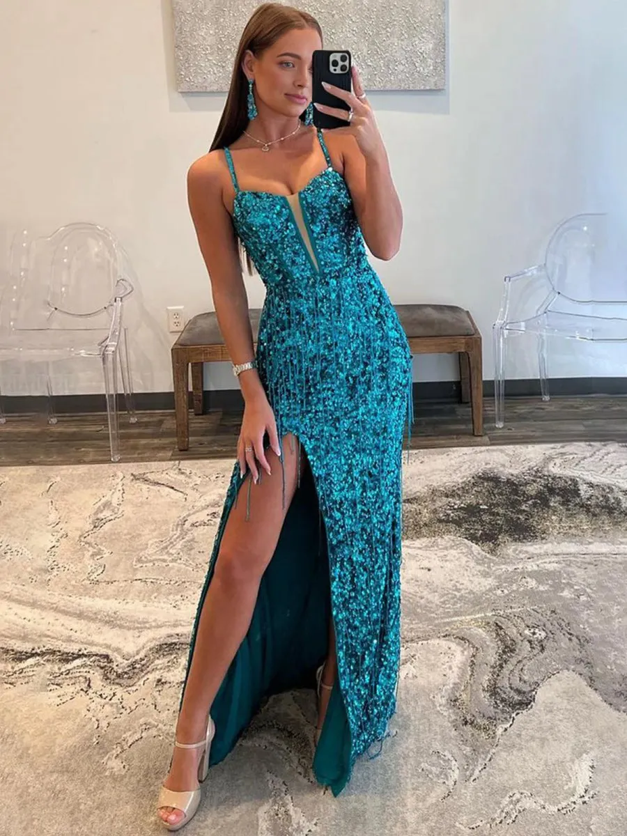 Sparkly Sheath V Neck Sequins Long Prom Dresses with Split