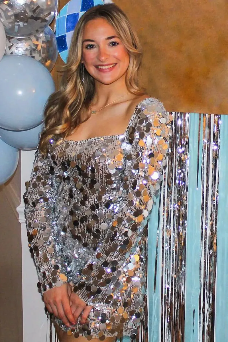 Sparkly Square Neck Sequins Long Sleeves Short Homecoming Dresses