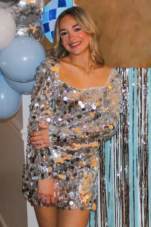 Sparkly Square Neck Sequins Long Sleeves Short Homecoming Dresses