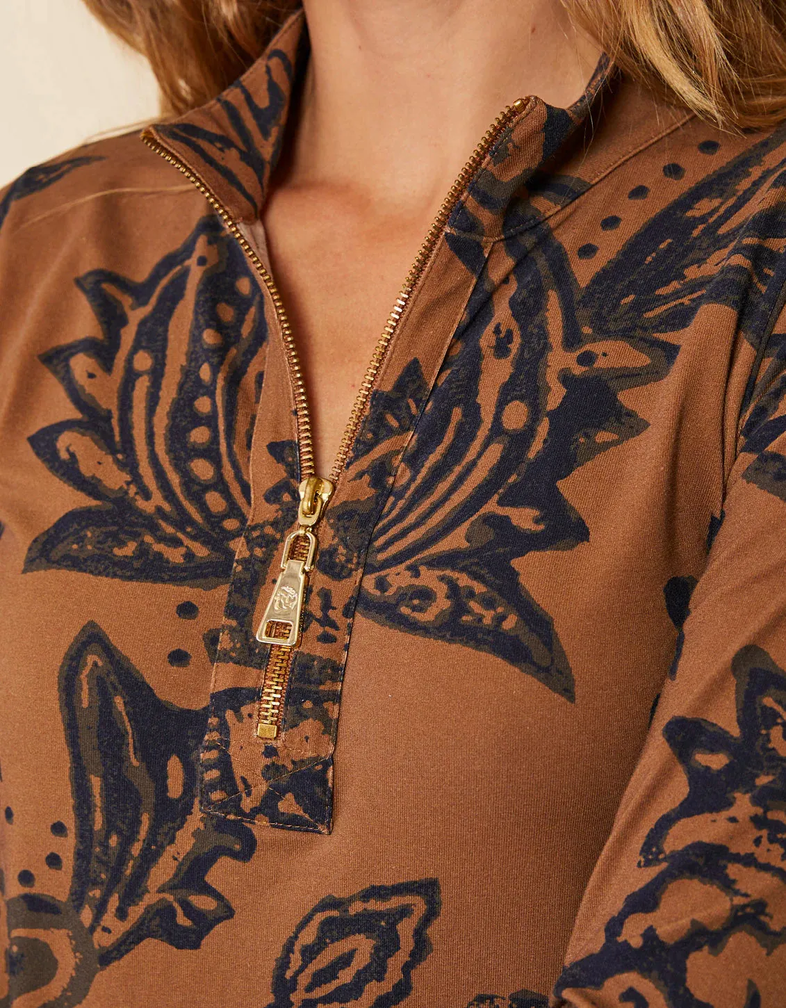 Spartina 449 Nora Half-Zip Top Botanic Garden Brown Woodblock Jacobean - FINAL SALE