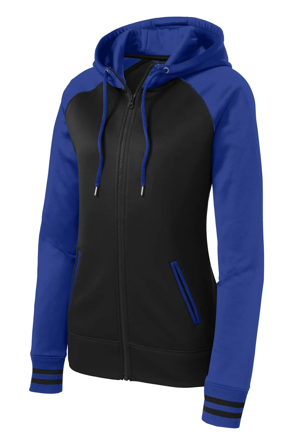 Sport-Tek Women's Sport-Wick Varsity Fleece Full-Zip Hooded Jacket. LST236 Black/ True Royal