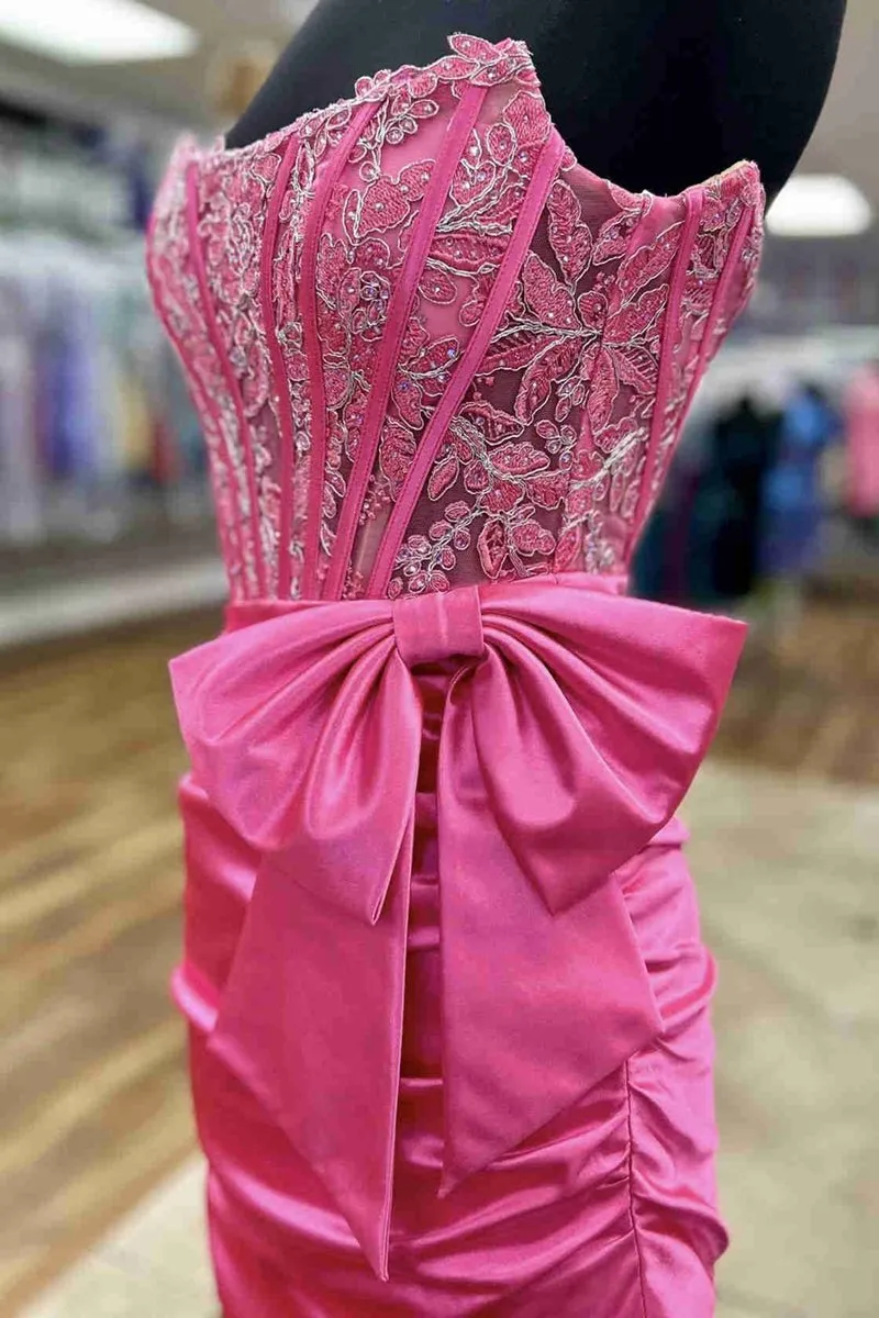 Strapless Appliques Ruched Homecoming Dresses with Bow