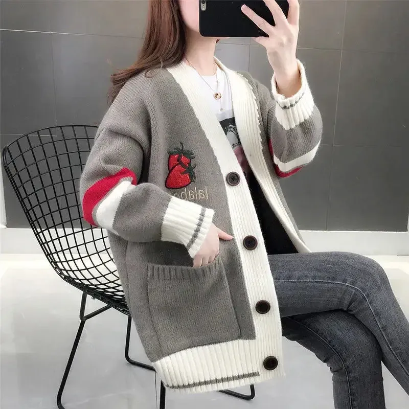 Strawberry Gum Cheerleader Student Uniform Women's Cardigan Korean Style V-neck Knitted Female Casual Kawaii Geek
