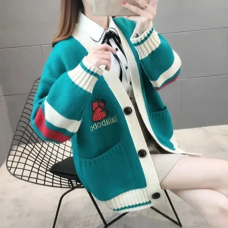Strawberry Gum Cheerleader Student Uniform Women's Cardigan Korean Style V-neck Knitted Female Casual Kawaii Geek
