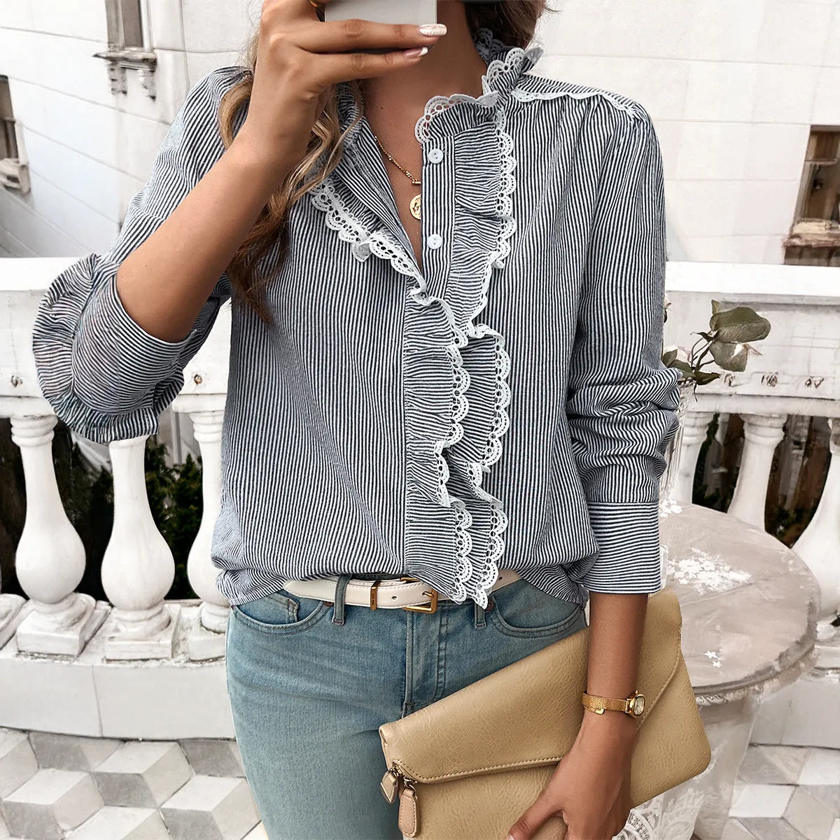 Striped Ruffled Lace Long-Sleeved Shirts Wholesale Womens Clothing N3824062400014