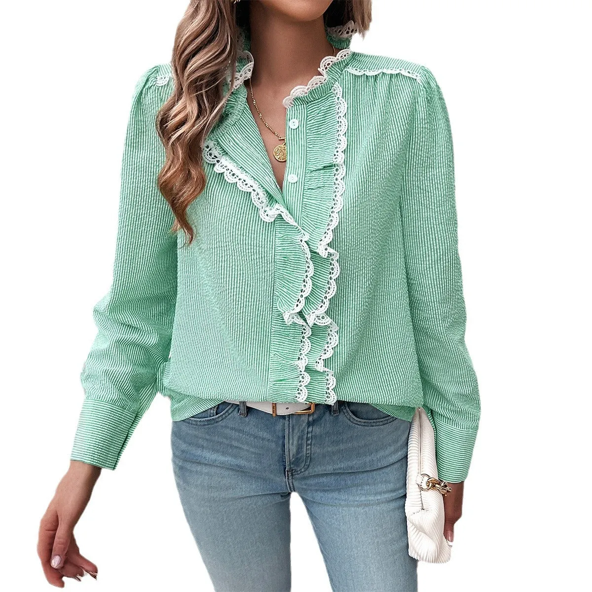 Striped Ruffled Lace Long-Sleeved Shirts Wholesale Womens Clothing N3824062400014