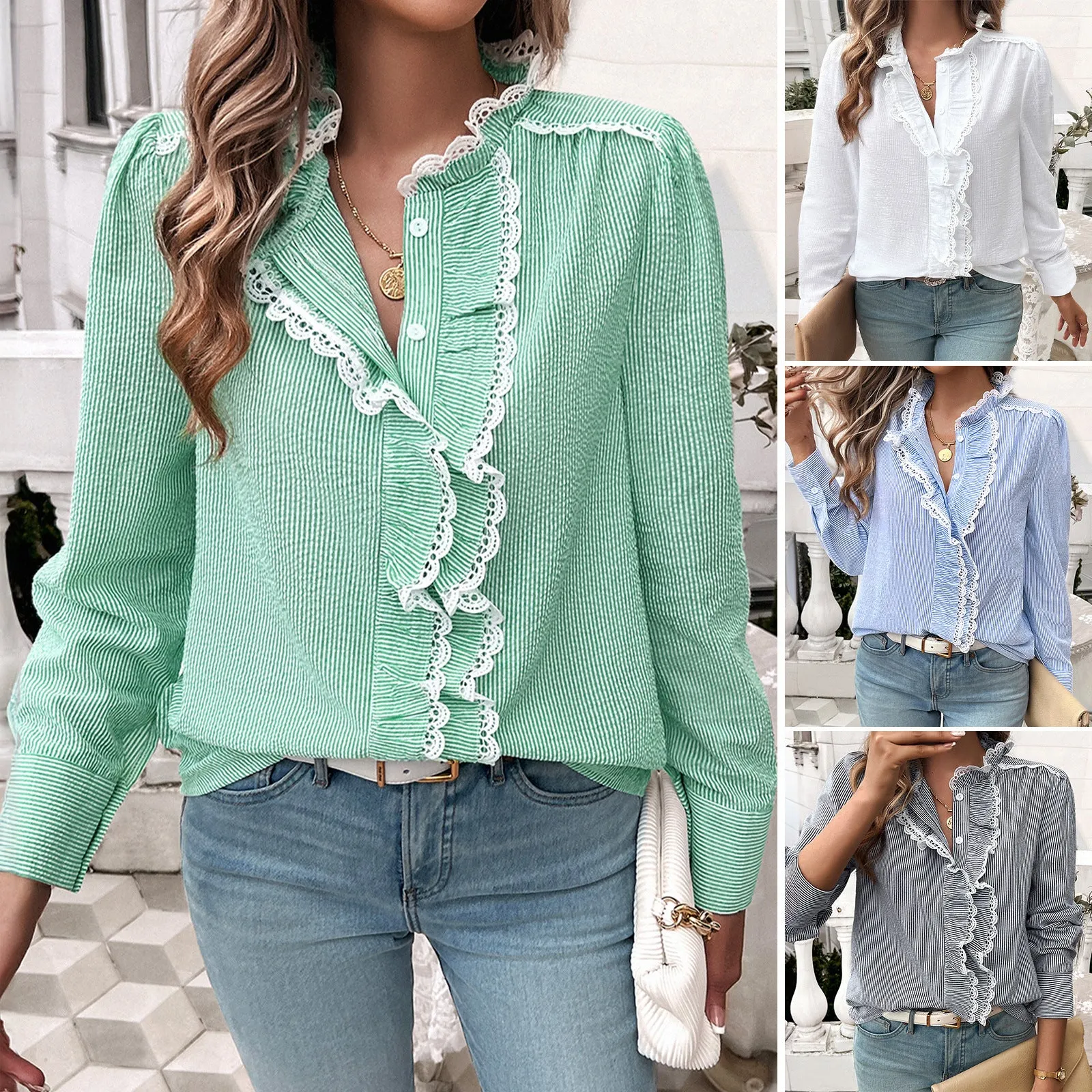 Striped Ruffled Lace Long-Sleeved Shirts Wholesale Womens Clothing N3824062400014