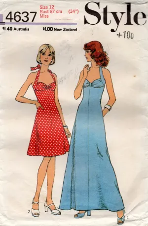 Style 4637 Womens Halter Sundress or Maxi 1970s Vintage Sewing Pattern Size 12 Bust 34 inches