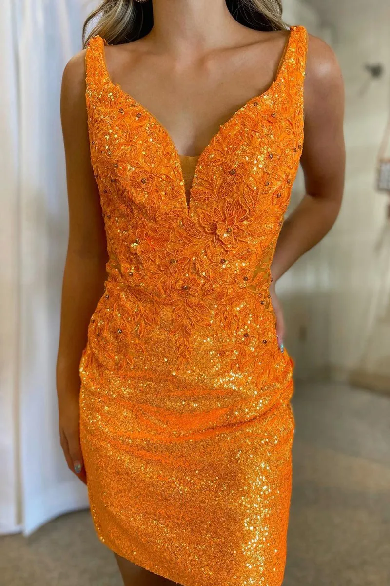 Stylish Bodycon V Neck Sequins Short Homecoming Dresses with Appliques