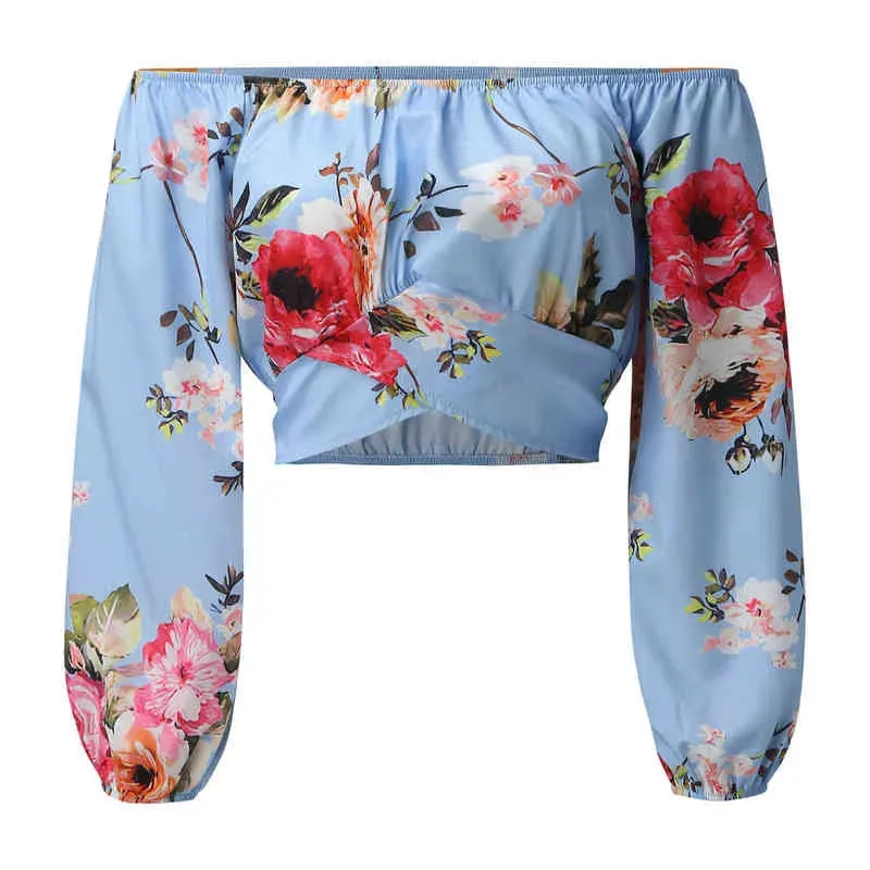 Summer Women Daisy Print Crossed Tied Back Crop Top  Femme Casual Off Shoulder Ruched Lantern Sleeve Blouse y2k Lady Outfits L220705