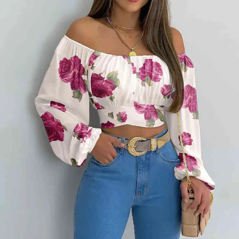 Summer Women Daisy Print Crossed Tied Back Crop Top  Femme Casual Off Shoulder Ruched Lantern Sleeve Blouse y2k Lady Outfits L220705