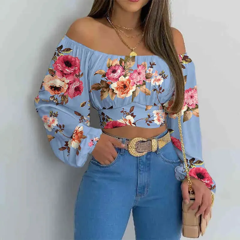 Summer Women Daisy Print Crossed Tied Back Crop Top  Femme Casual Off Shoulder Ruched Lantern Sleeve Blouse y2k Lady Outfits L220705