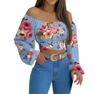 Summer Women Daisy Print Crossed Tied Back Crop Top  Femme Casual Off Shoulder Ruched Lantern Sleeve Blouse y2k Lady Outfits L220705