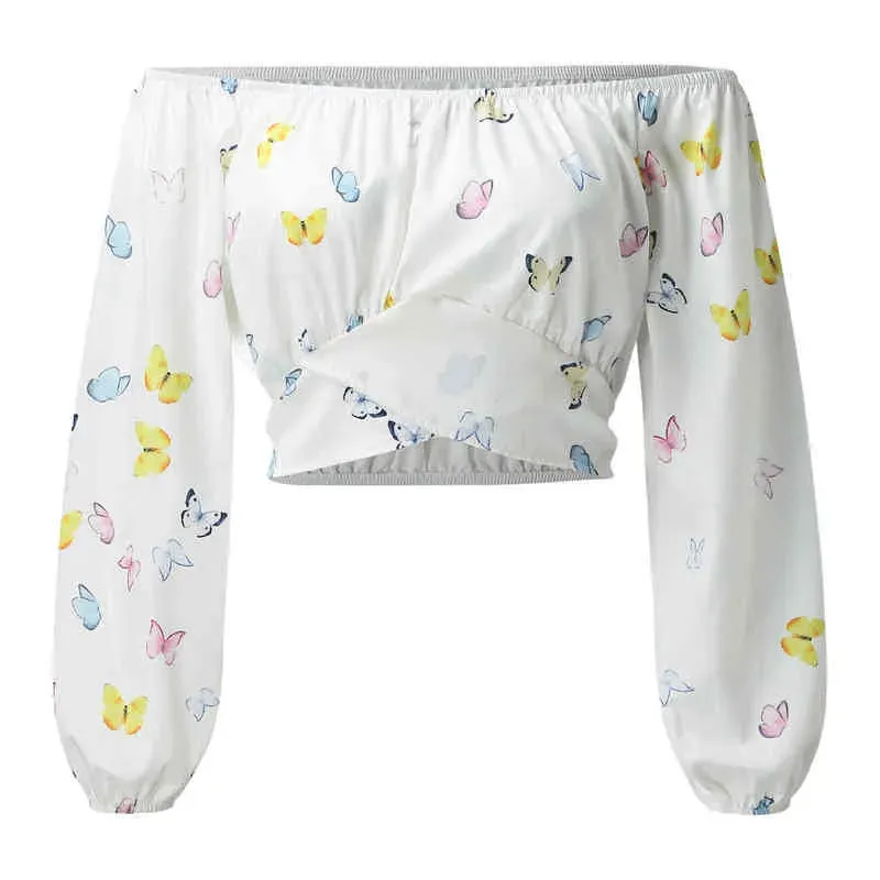 Summer Women Daisy Print Crossed Tied Back Crop Top  Femme Casual Off Shoulder Ruched Lantern Sleeve Blouse y2k Lady Outfits L220705