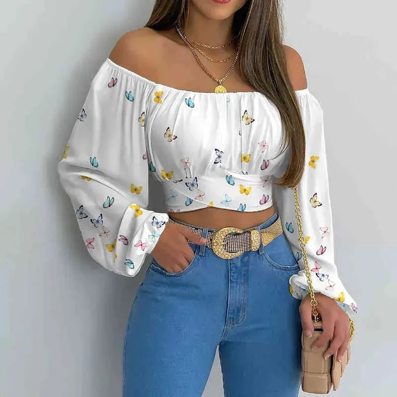 Summer Women Daisy Print Crossed Tied Back Crop Top  Femme Casual Off Shoulder Ruched Lantern Sleeve Blouse y2k Lady Outfits L220705