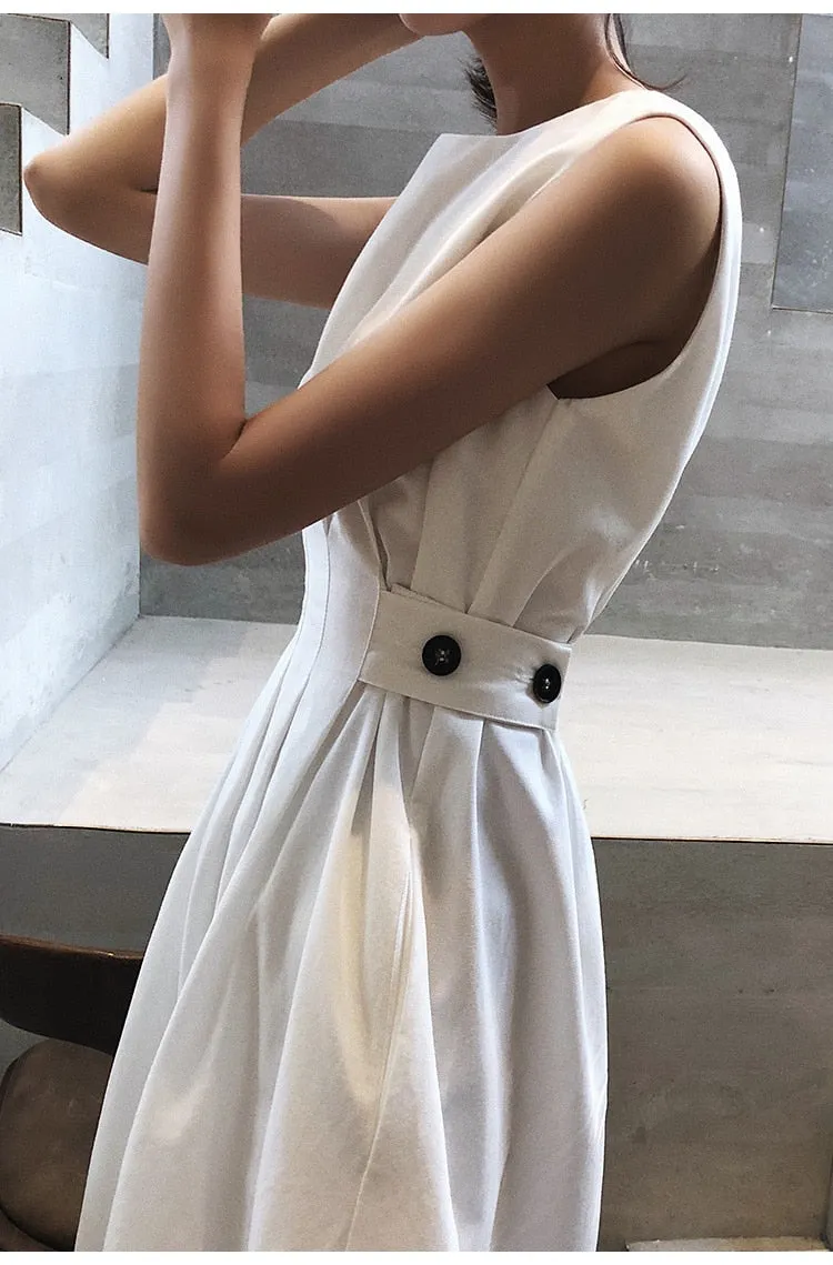 Summer Women Solid White Black Fashion Elegant Casual Party Dress O neck Sleeveless Tank Sundress Female