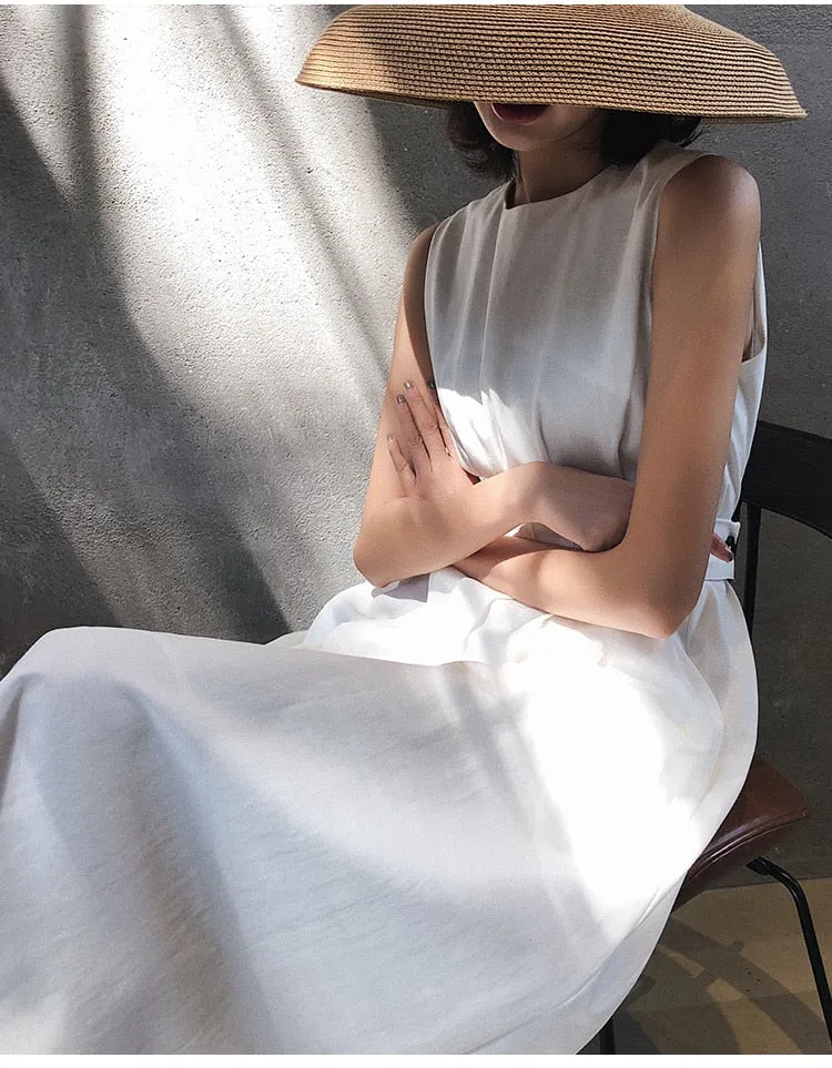 Summer Women Solid White Black Fashion Elegant Casual Party Dress O neck Sleeveless Tank Sundress Female