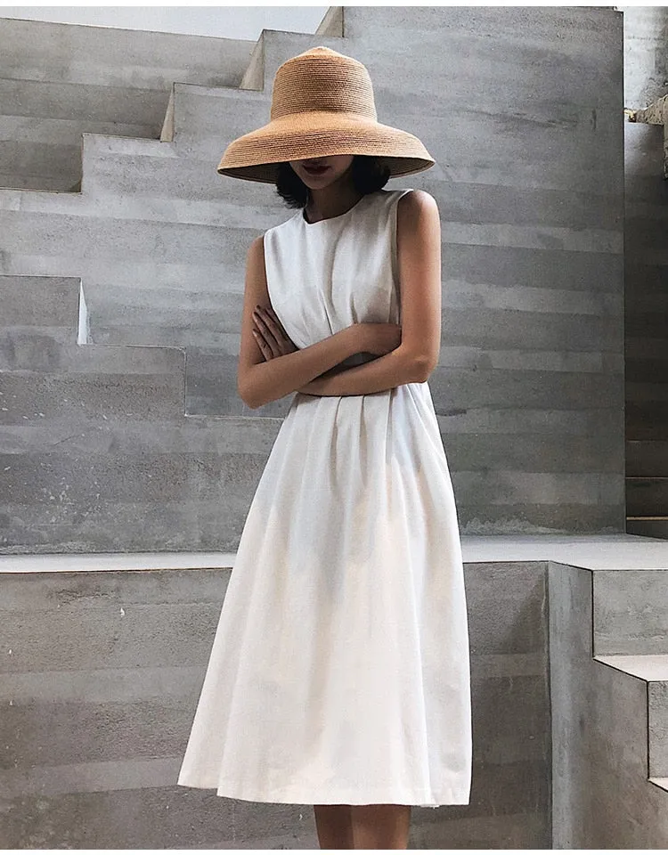 Summer Women Solid White Black Fashion Elegant Casual Party Dress O neck Sleeveless Tank Sundress Female