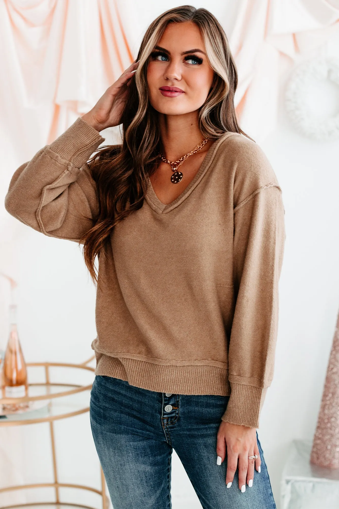 Tavern Tales Slouchy V-Neck Sweater (Camel)