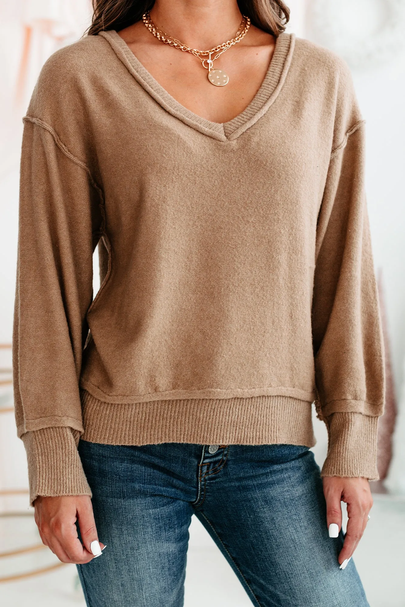 Tavern Tales Slouchy V-Neck Sweater (Camel)