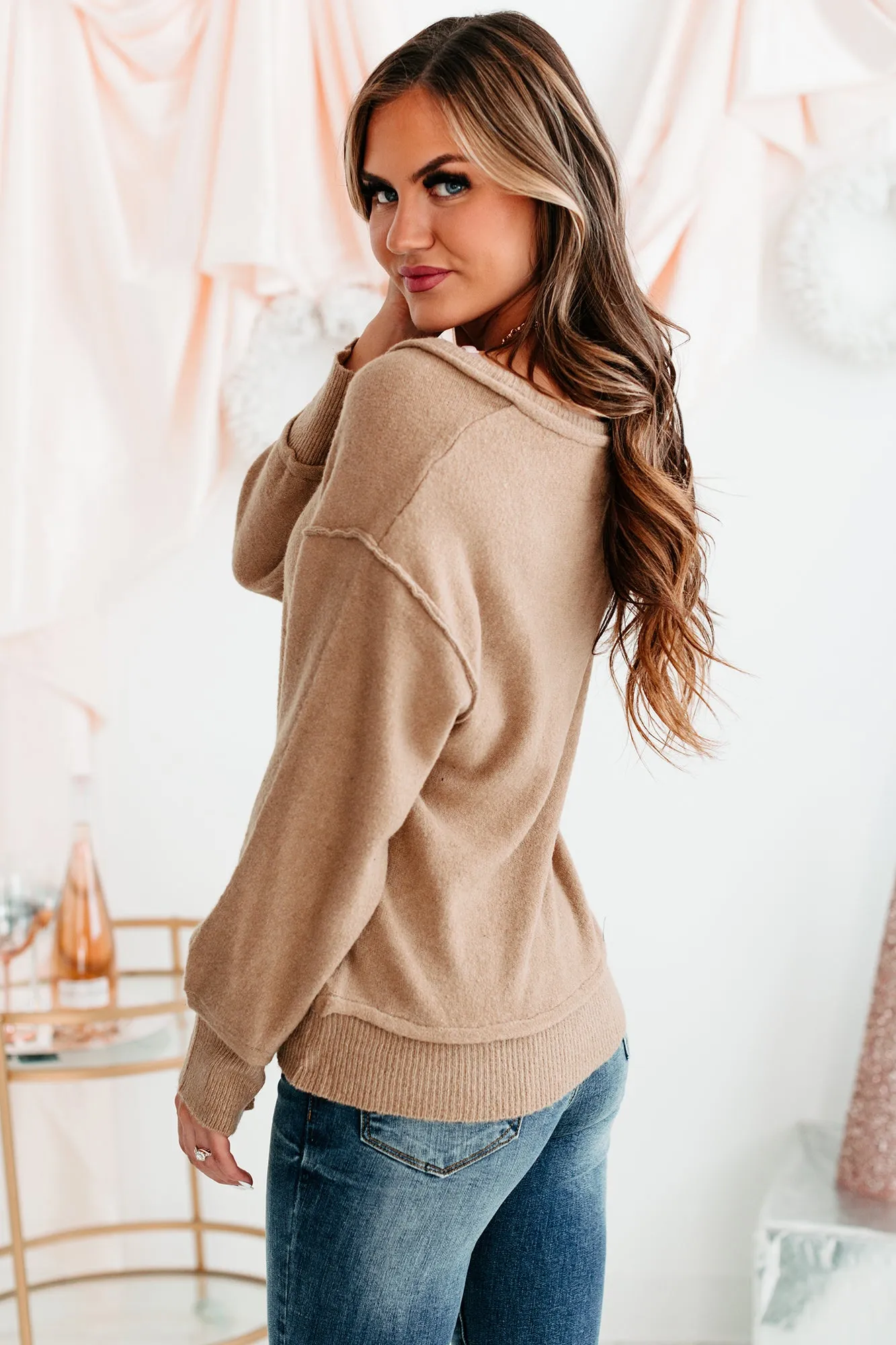 Tavern Tales Slouchy V-Neck Sweater (Camel)
