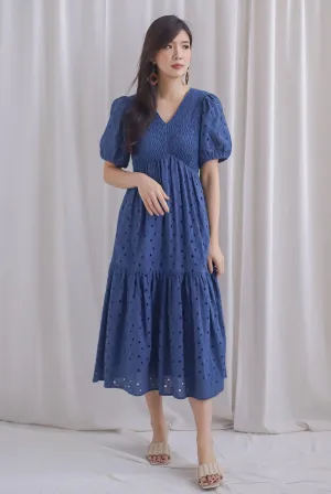TDC Coraline Eyelet Smocked Empire Dress In Navy Blue