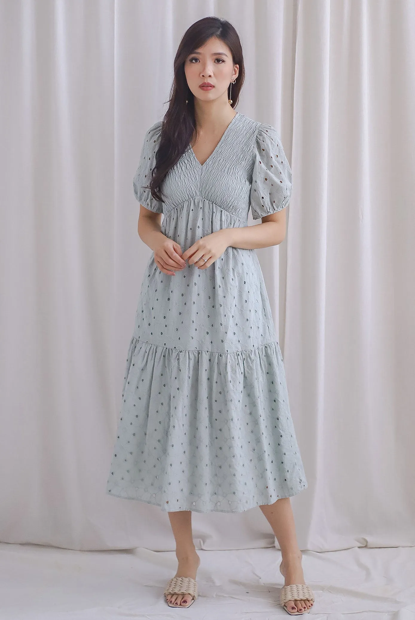 TDC Coraline Eyelet Smocked Empire Dress In Seafoam