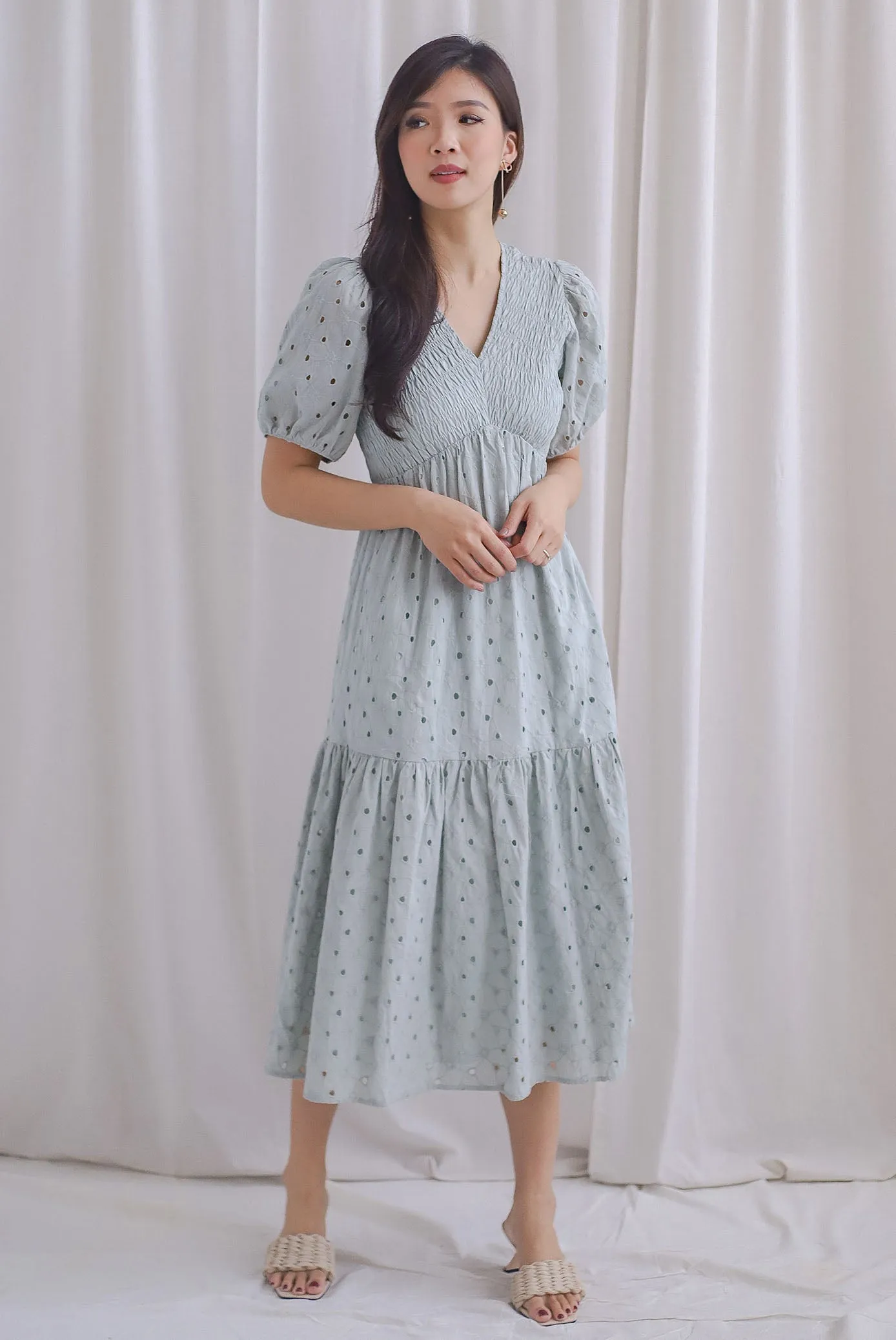 TDC Coraline Eyelet Smocked Empire Dress In Seafoam