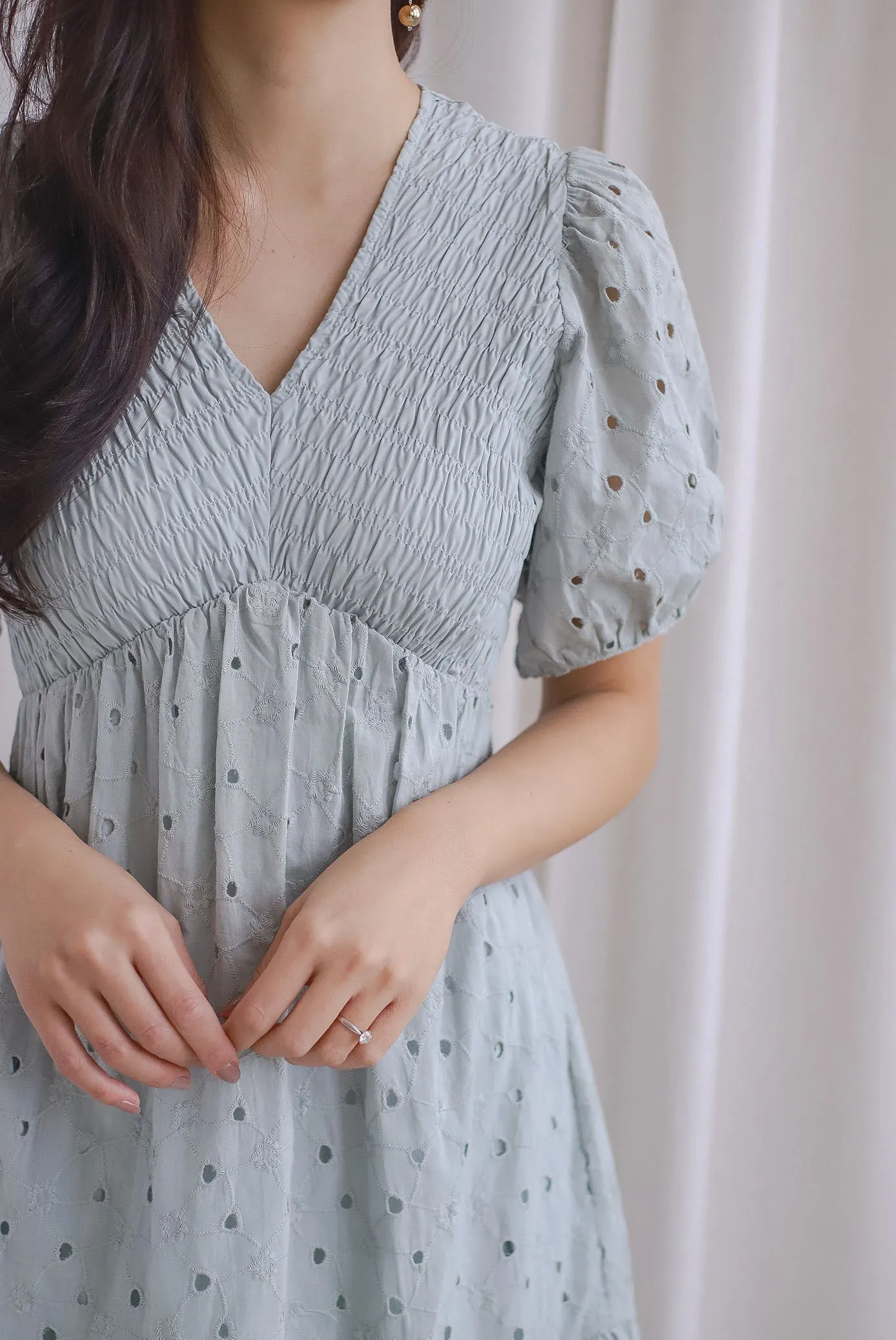 TDC Coraline Eyelet Smocked Empire Dress In Seafoam